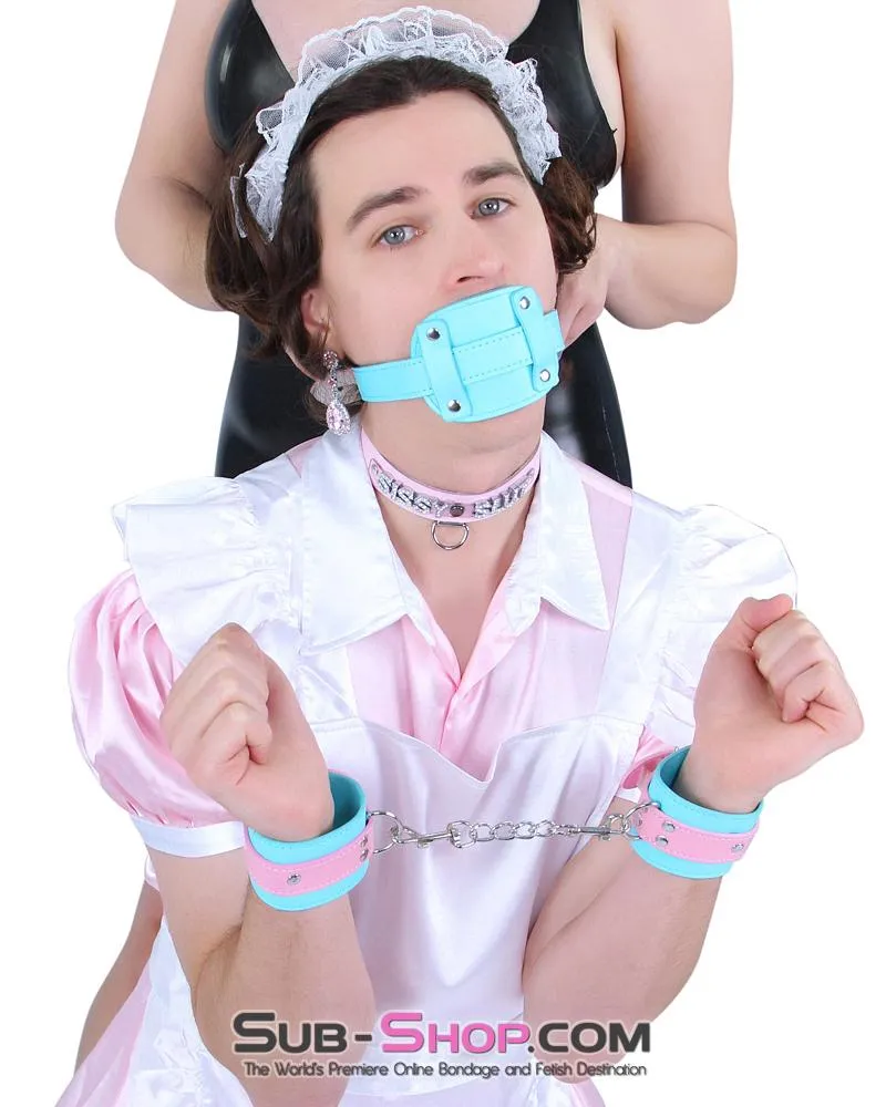 2739RS-SIS      Pretty Sissy Slave Locking Sissy Chastity Rubber Penis Gag. Diamond Blue Strap