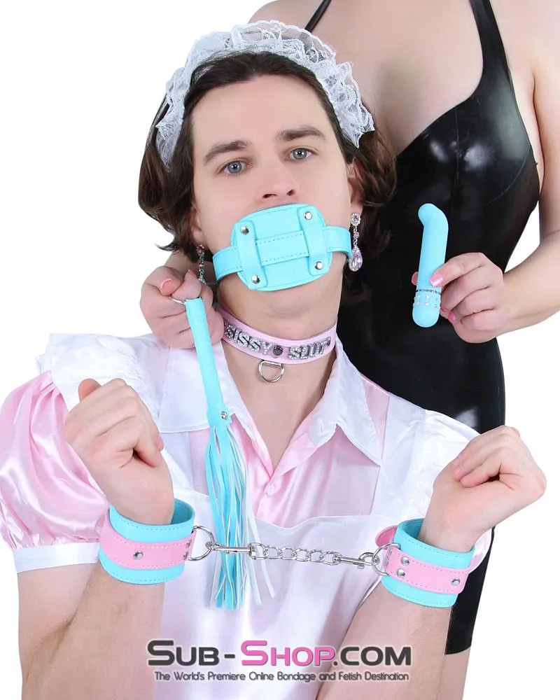 2739RS-SIS      Pretty Sissy Slave Locking Sissy Chastity Rubber Penis Gag. Diamond Blue Strap