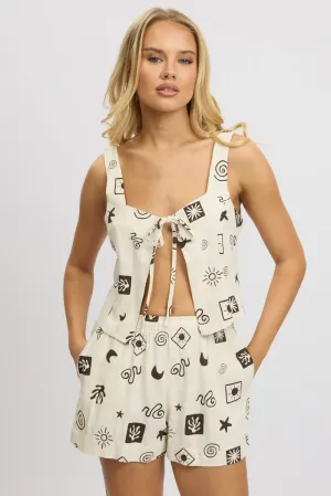 Beige Abstract Open Front Top Sleeveless Linen Blend