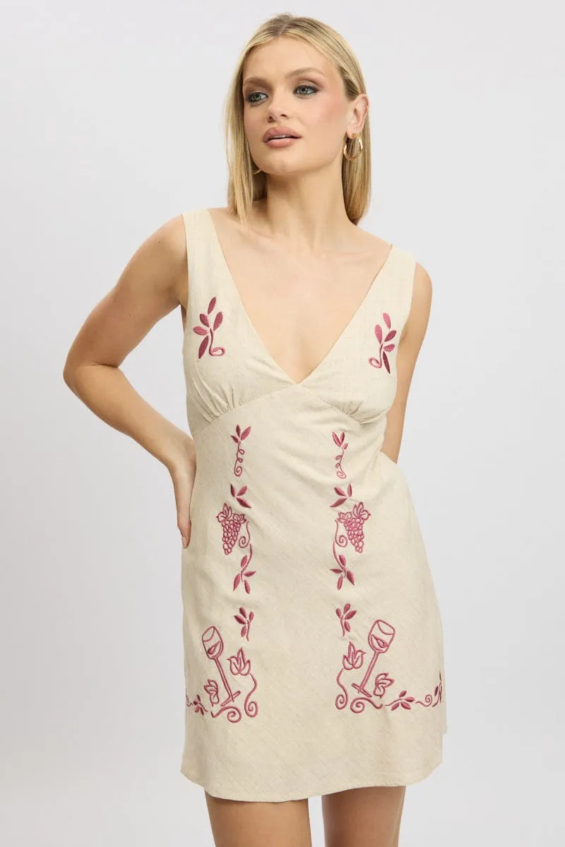 Beige Mini Dress V Neck Embroidery