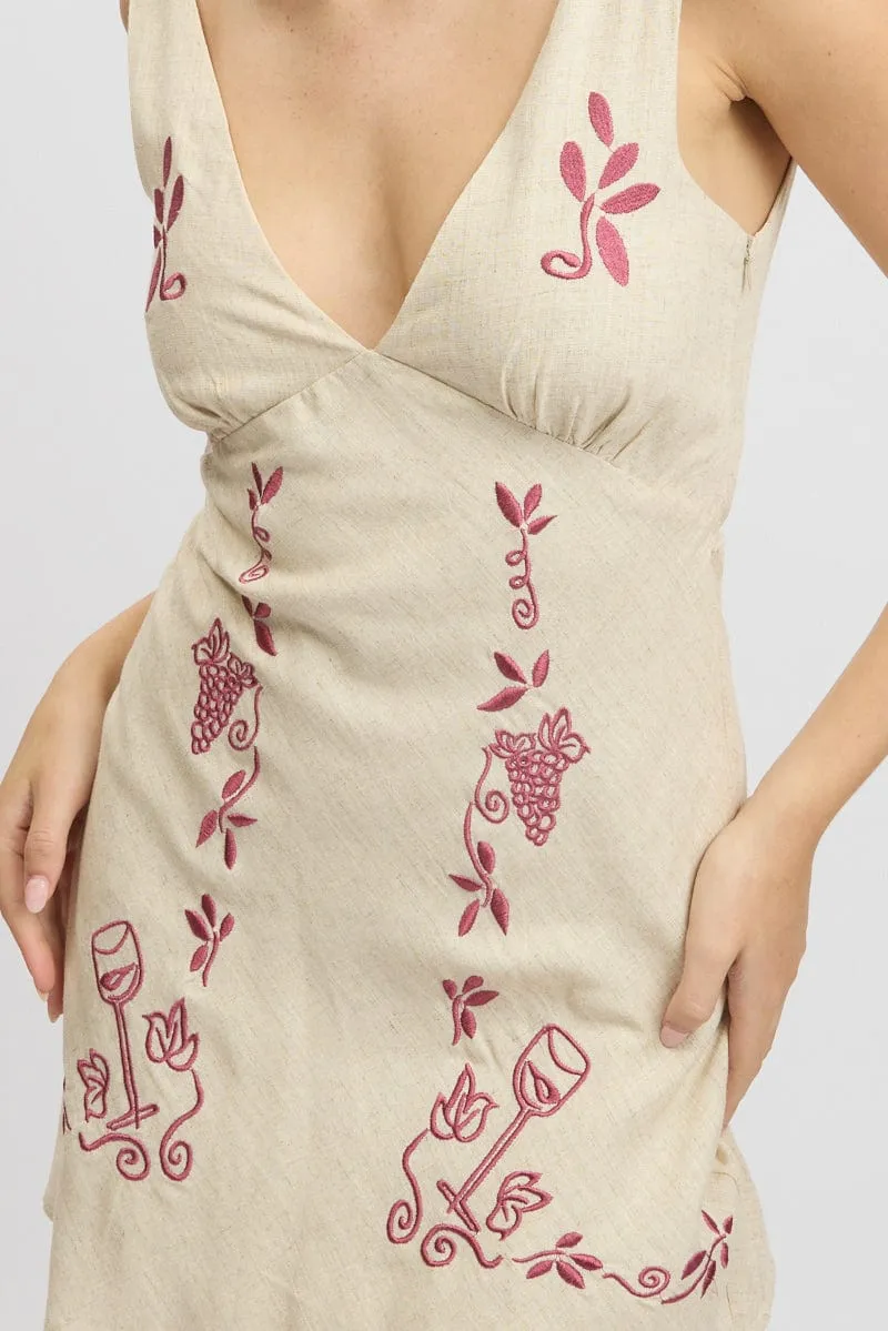 Beige Mini Dress V Neck Embroidery