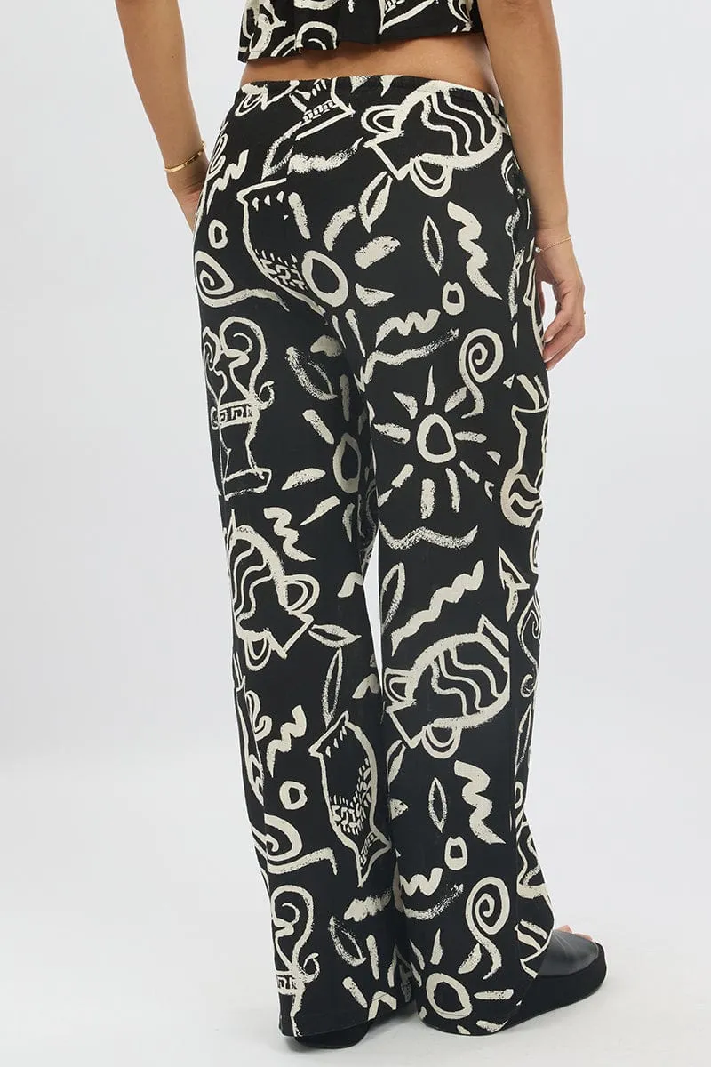 Black Abstract Wide Leg Pants High Rise