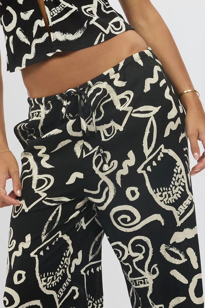 Black Abstract Wide Leg Pants High Rise