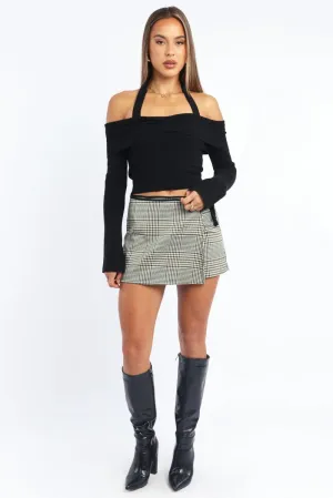 Black Check Mini Skort Faux Leather Skirt