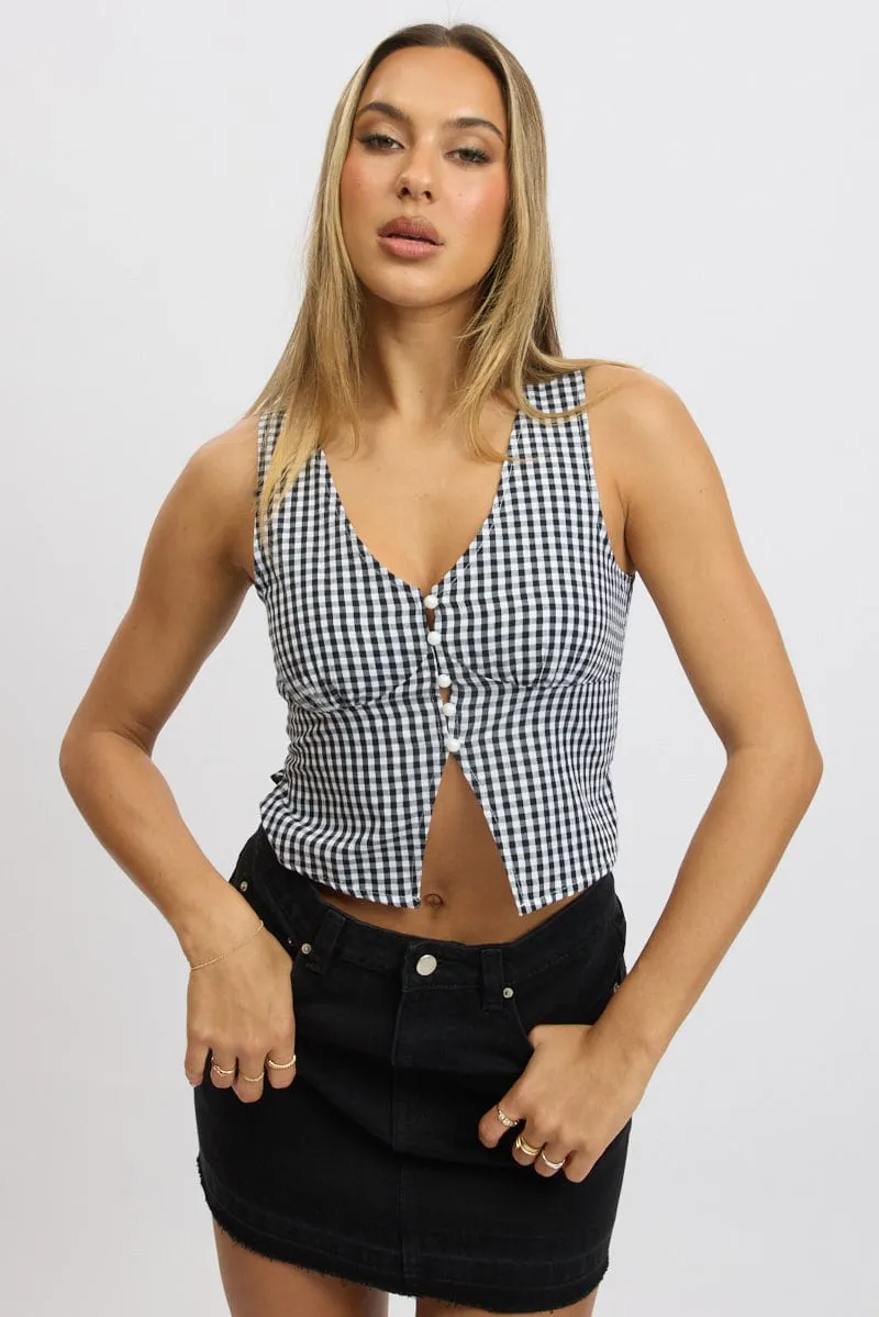 Black Check Sleeveless Top Open Front