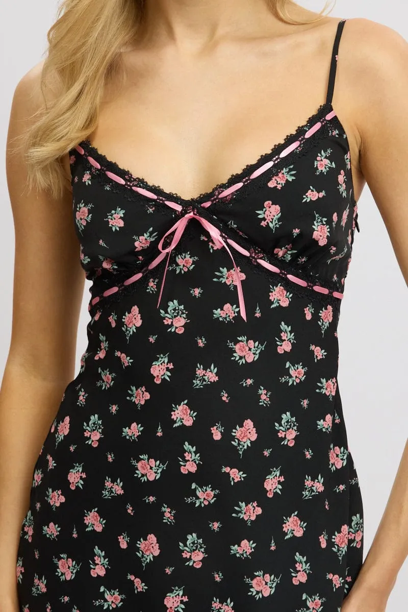 Black Ditsy Mini Dress V-Neck Strappy