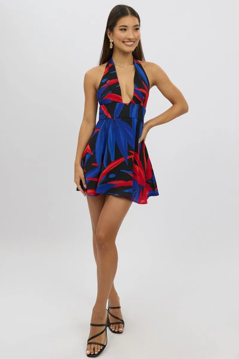 Black Floral Halter Neck Dress Mini