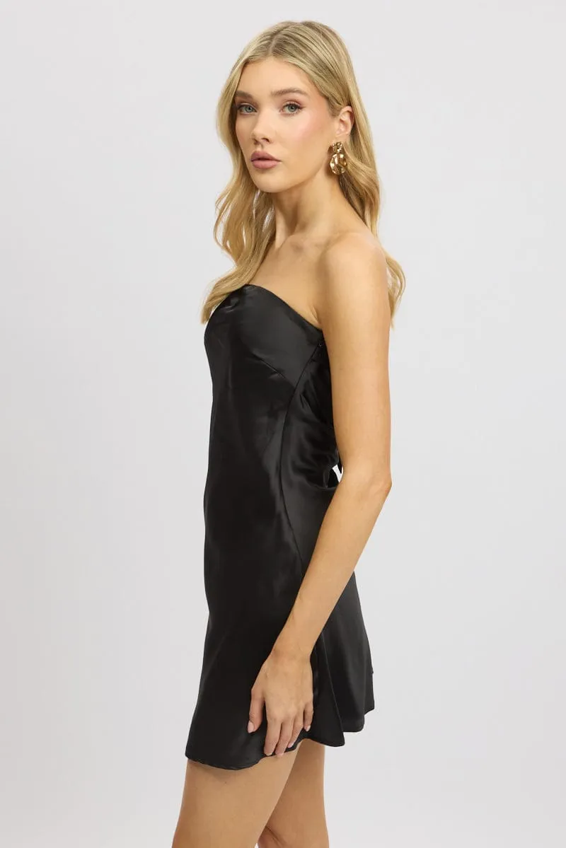 Black Strapless Dress Back Tie Satin Mini