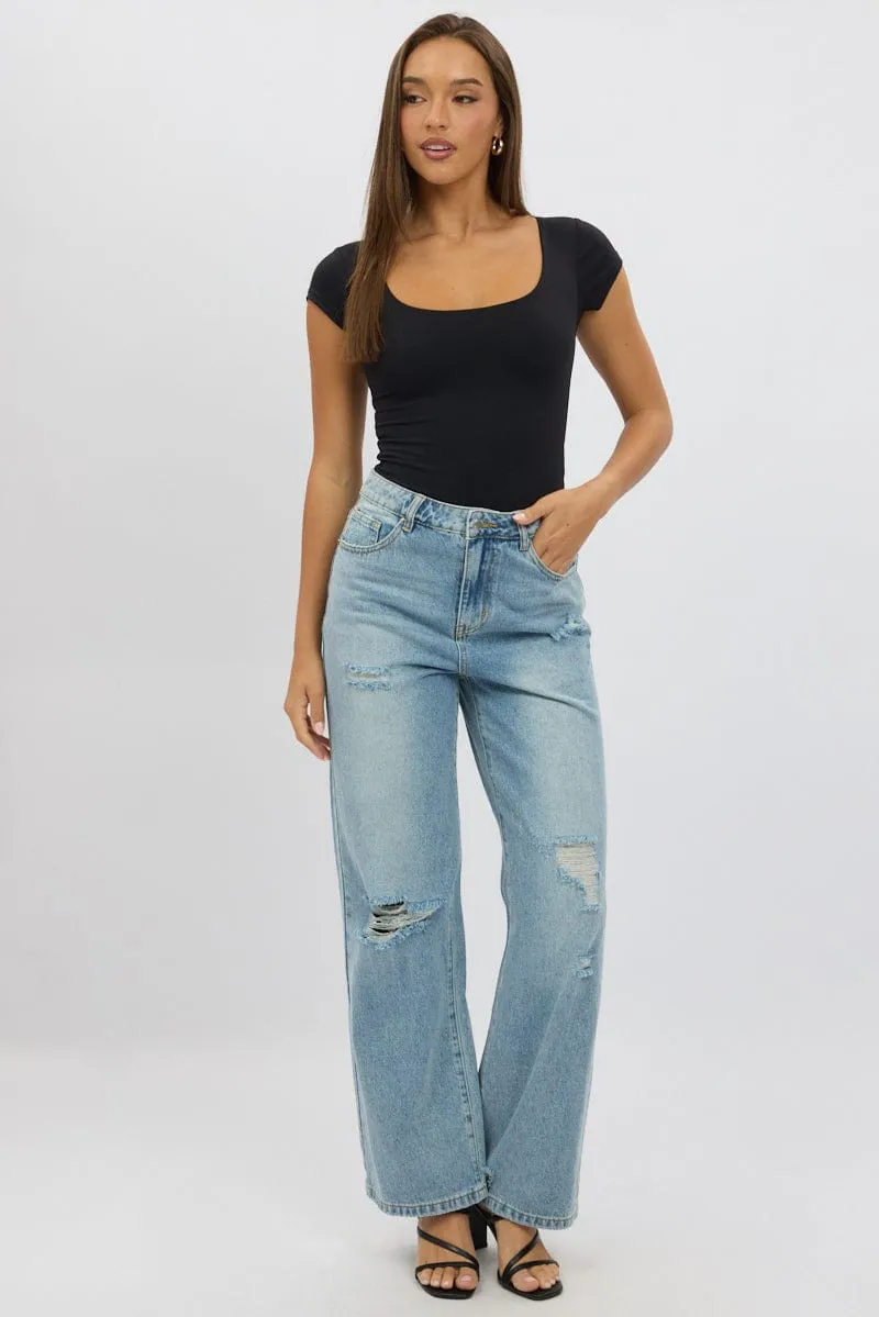 Black Supersoft Square Neck Cap Sleeve Top Double Layer