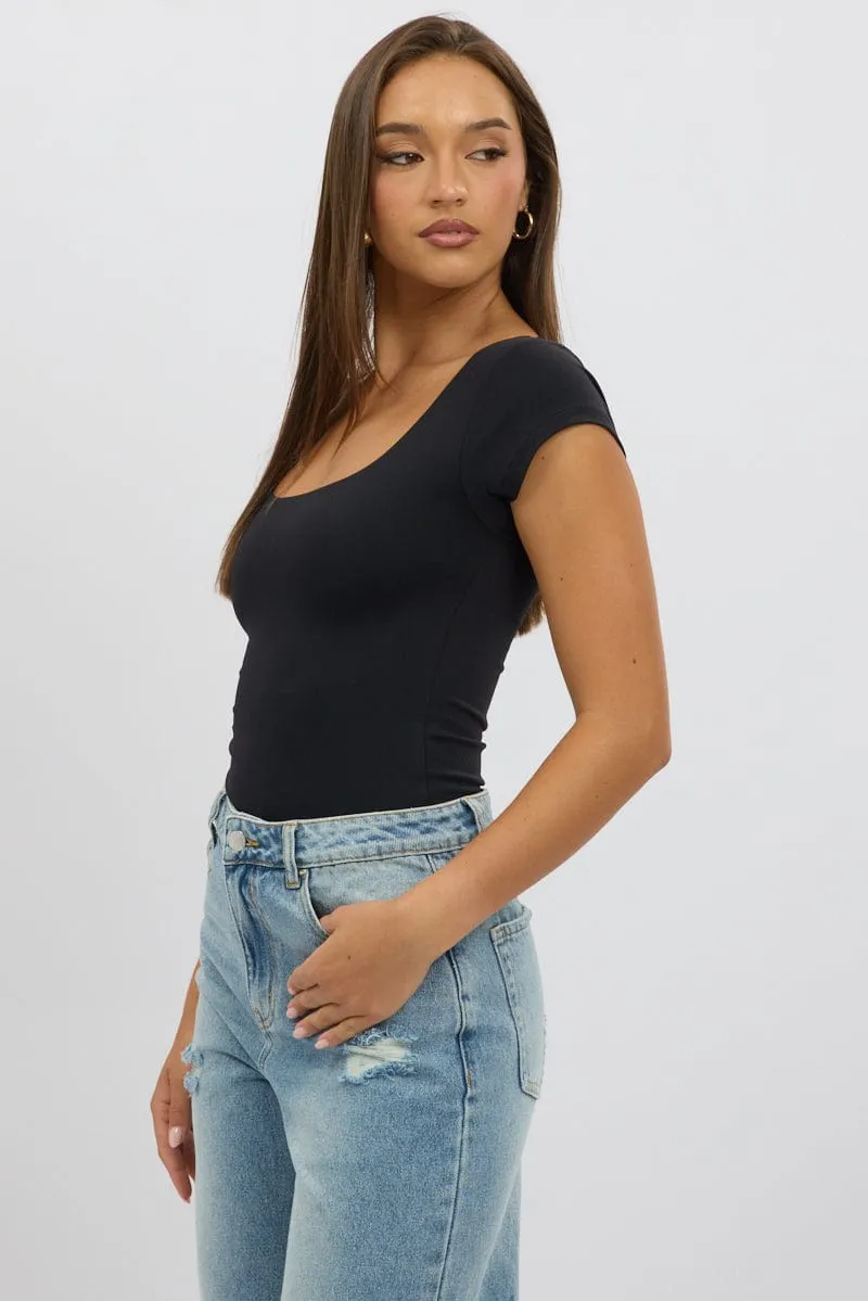 Black Supersoft Square Neck Cap Sleeve Top Double Layer