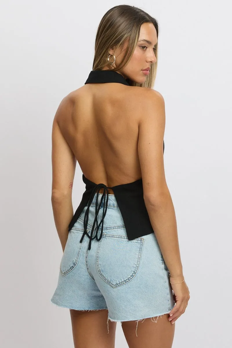 Black Vest Top V Neck Halter Neck Open Back