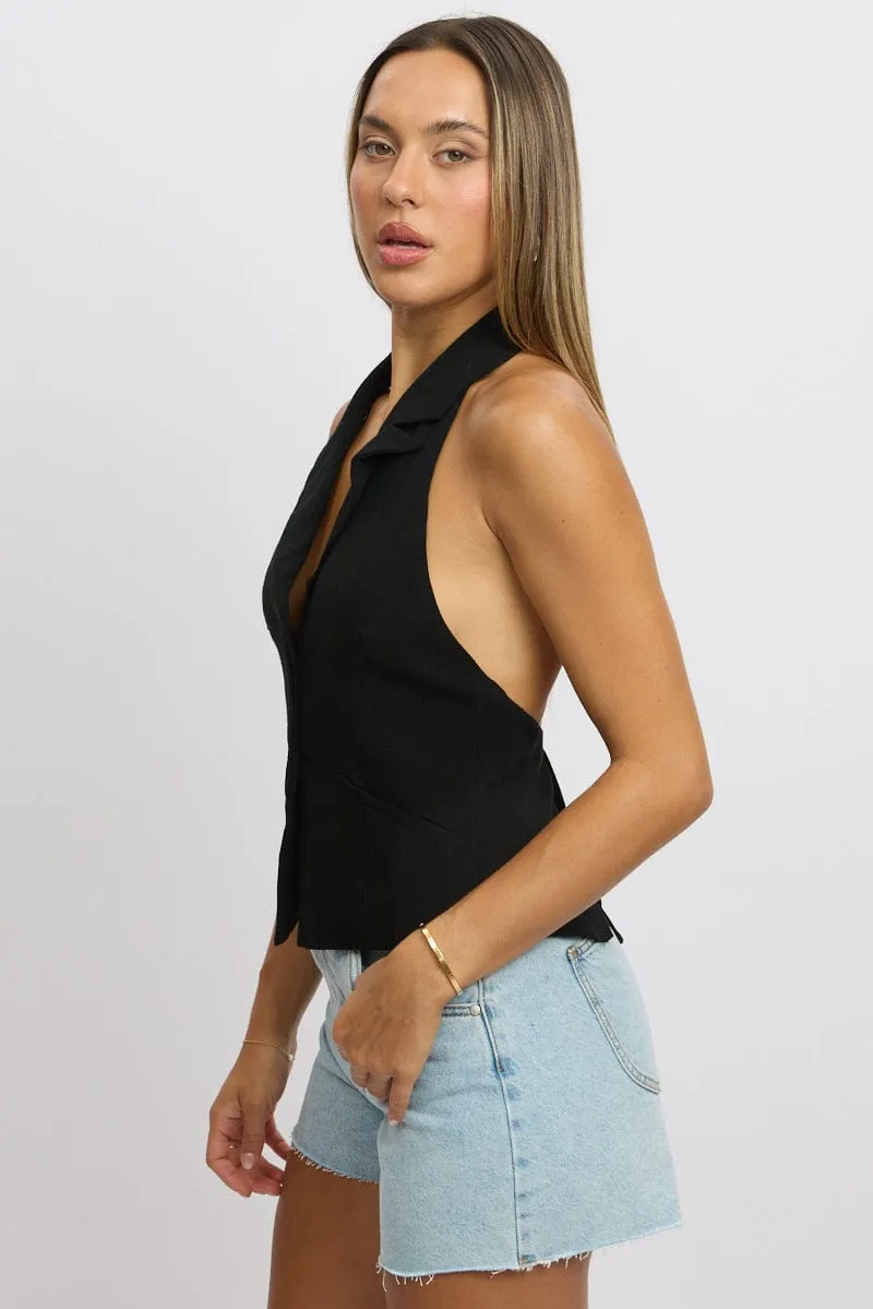 Black Vest Top V Neck Halter Neck Open Back