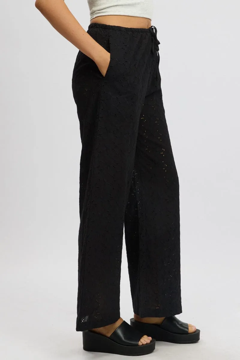 Black Wide Leg Pants High Rise Eyelet Fabric