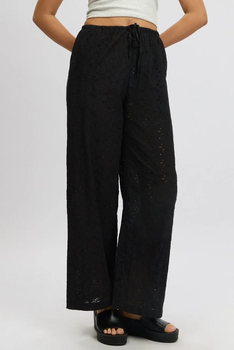 Black Wide Leg Pants High Rise Eyelet Fabric