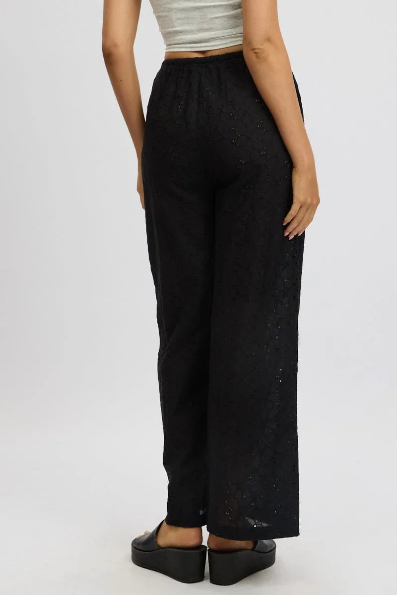 Black Wide Leg Pants High Rise Eyelet Fabric