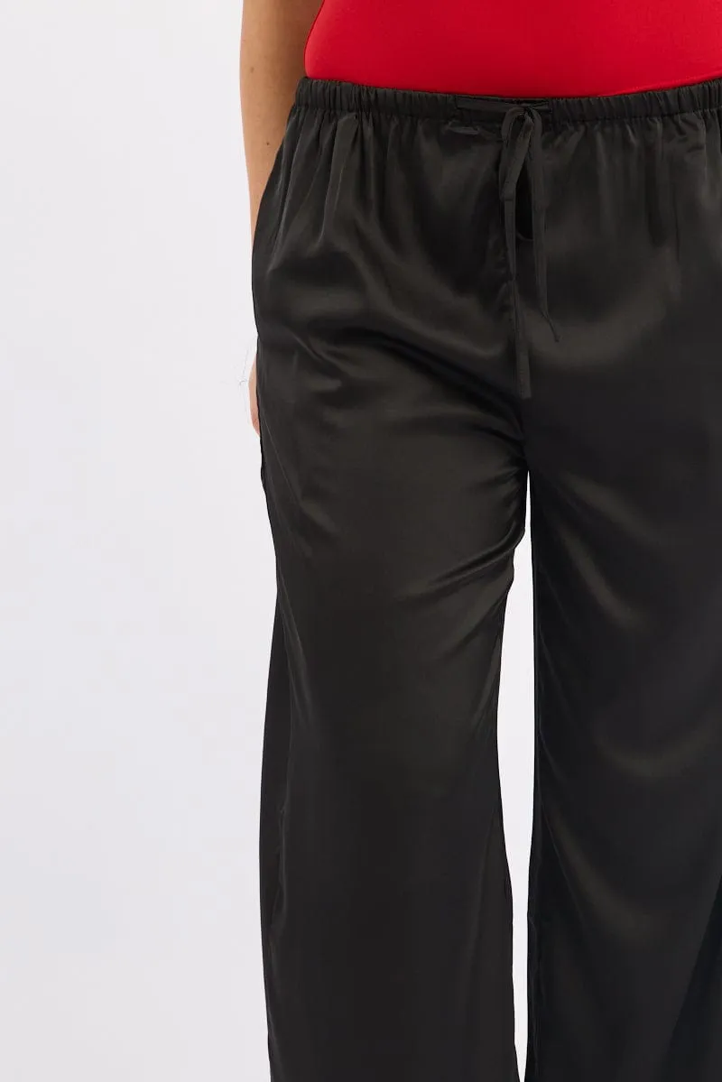 Black Wide Leg Pants High Rise Satin