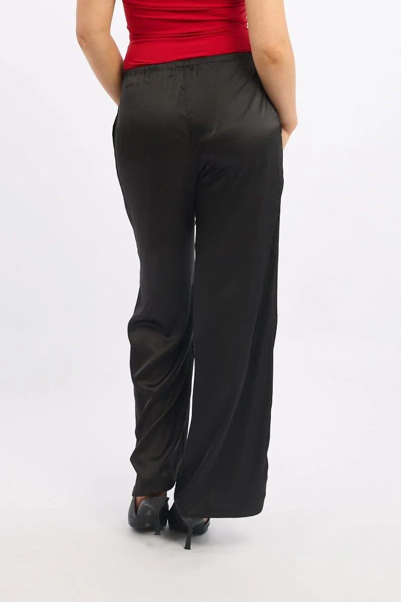 Black Wide Leg Pants High Rise Satin