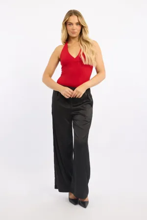 Black Wide Leg Pants High Rise Satin