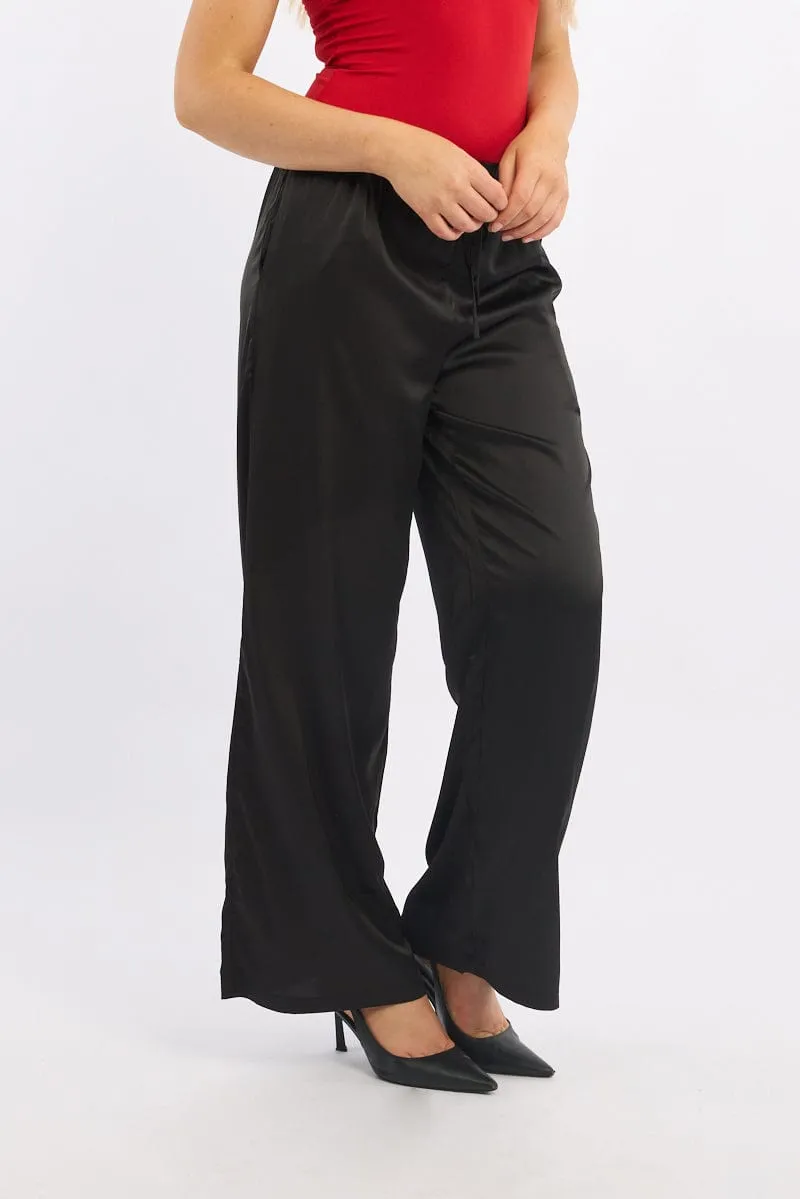 Black Wide Leg Pants High Rise Satin