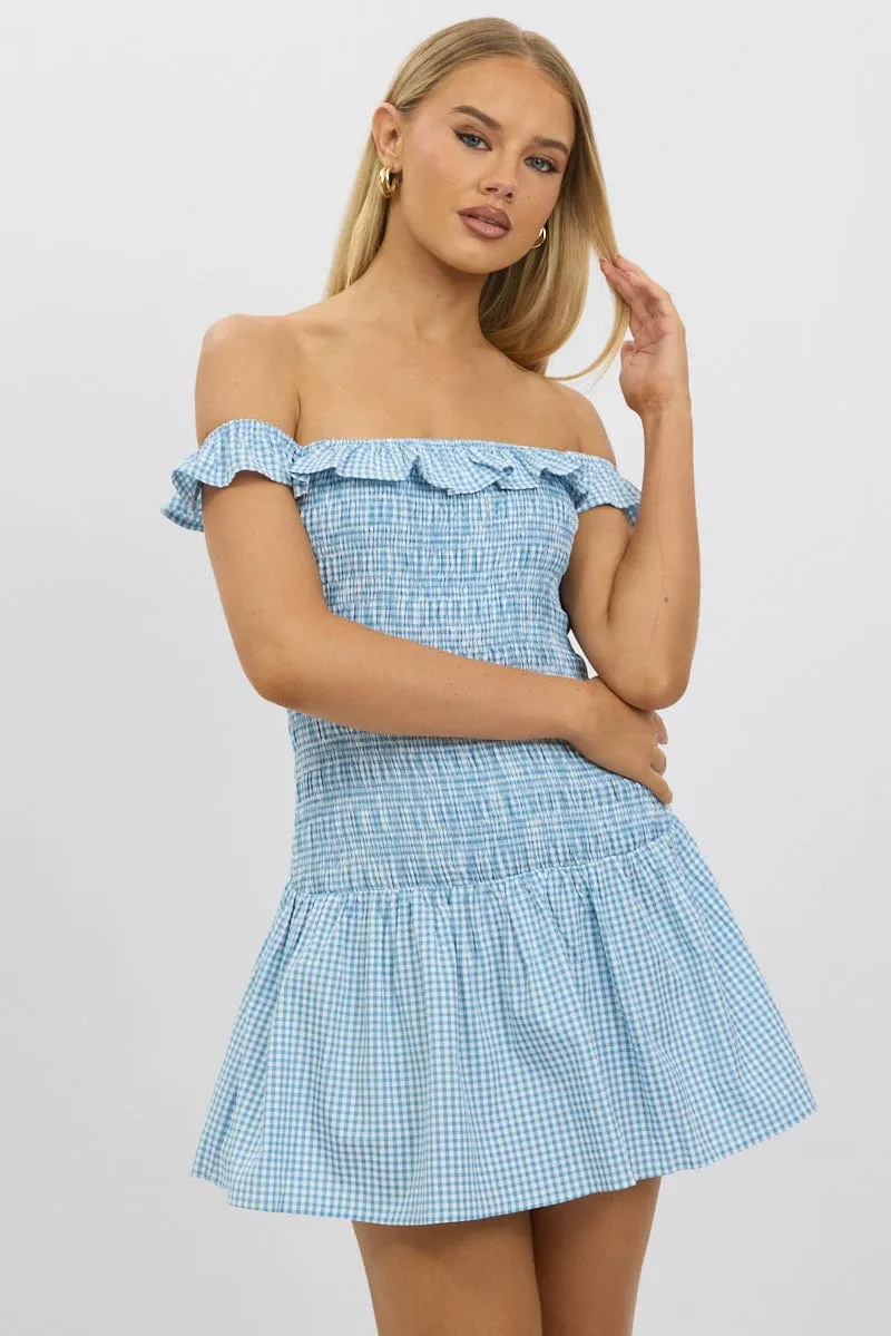 Blue Check Shirred Mini Dress