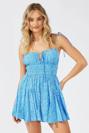 Blue Floral Fit And Flare Playsuit Gathered Bust Sleeveless