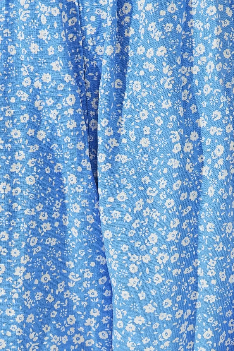Blue Floral Fit And Flare Playsuit Gathered Bust Sleeveless