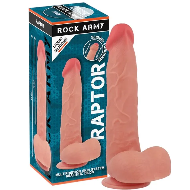 Dildo ROCK ARMY Liquid Silicone Raptor. bază cu ventuză pentru fixare. din silicon hipoalergenic. lungime 24 cm. culoarea pielii
