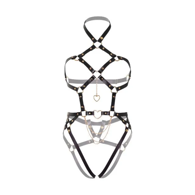 Ham feminin KINK Heart Ring Harness Teddy. design cu lanțuri și inimi din metal aurii. cu chilot detașabil. culoare negru. mărime L