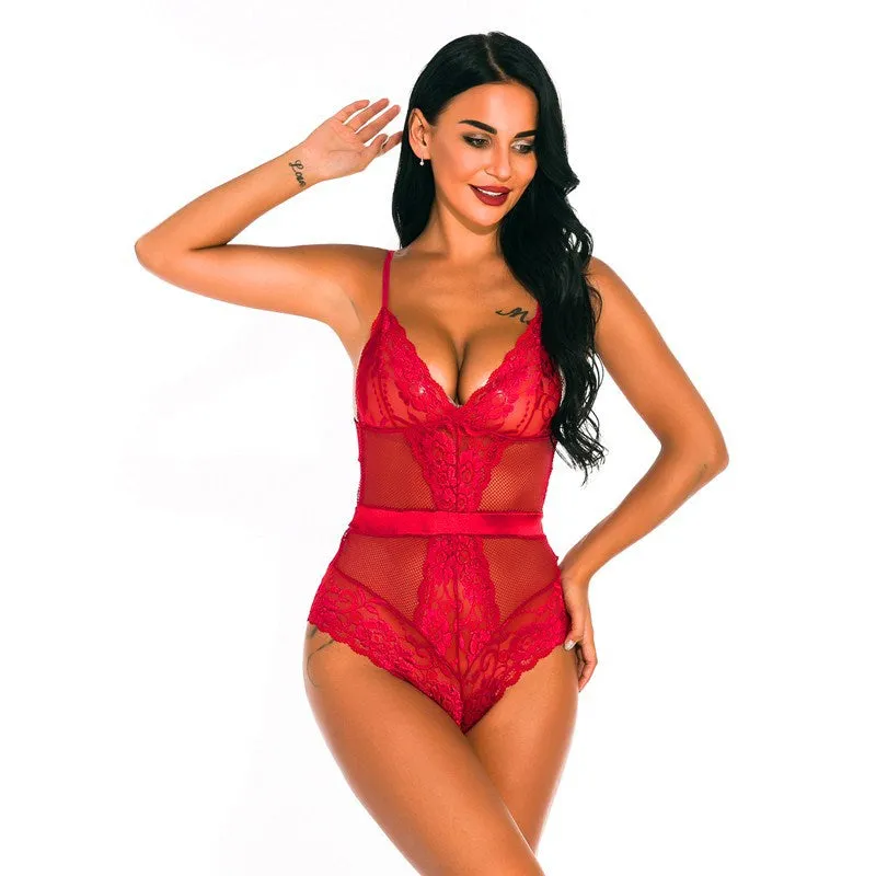 Hot lace patchwork waist deep V low-cut sexy