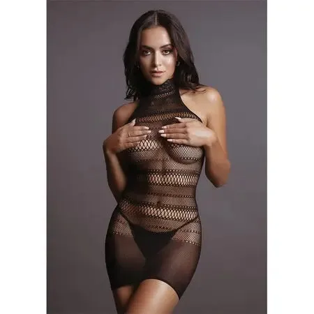Le Desir High Lace Neck Net Mini Dress Black O/S