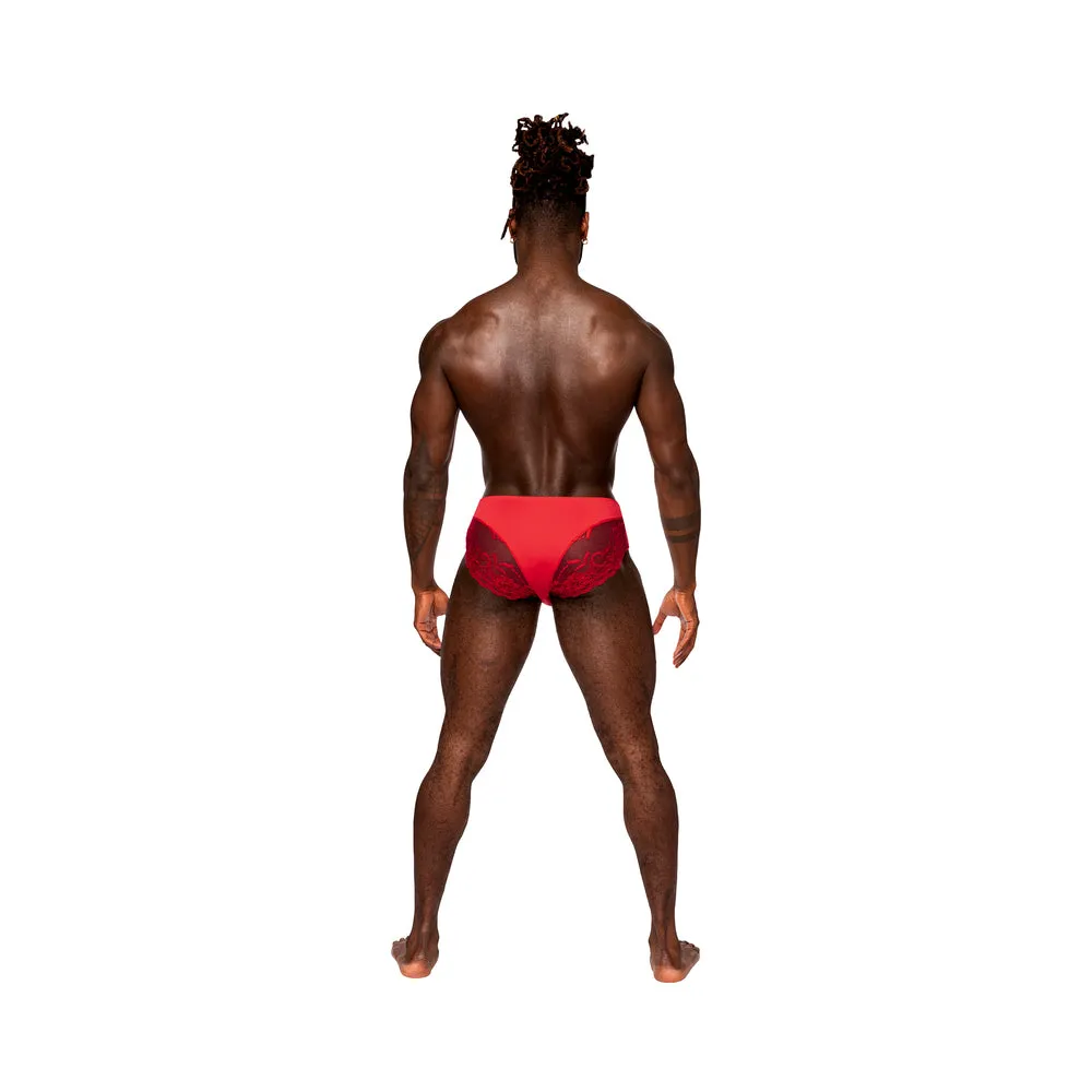 Male Power Sassy Lace Bikini Solid Pouch Red XL
