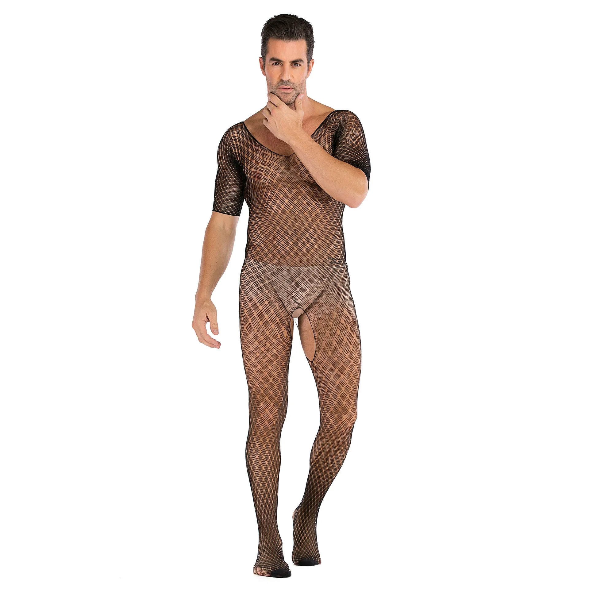 Men's Half-sleeve Siamese Stockings Open Sexy Mesh Net Clothes