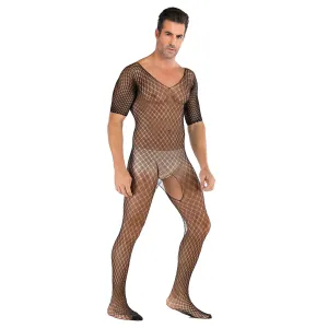 Men's Half-sleeve Siamese Stockings Open Sexy Mesh Net Clothes