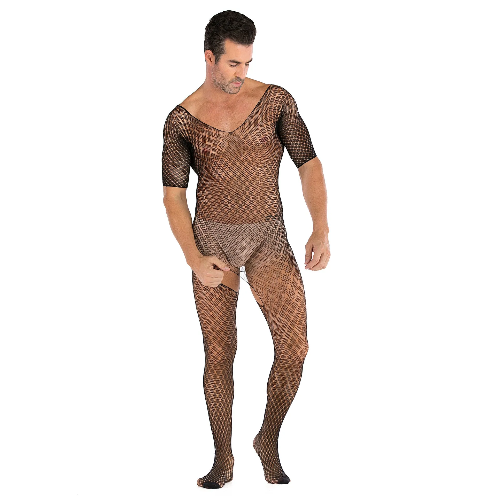 Men's Half-sleeve Siamese Stockings Open Sexy Mesh Net Clothes