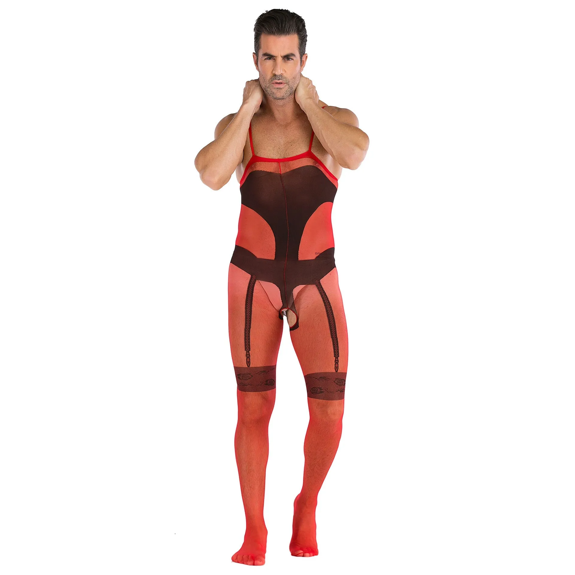 Men's One-piece Sleeveless Open File Full-body Net Clothes and Silk Stockings