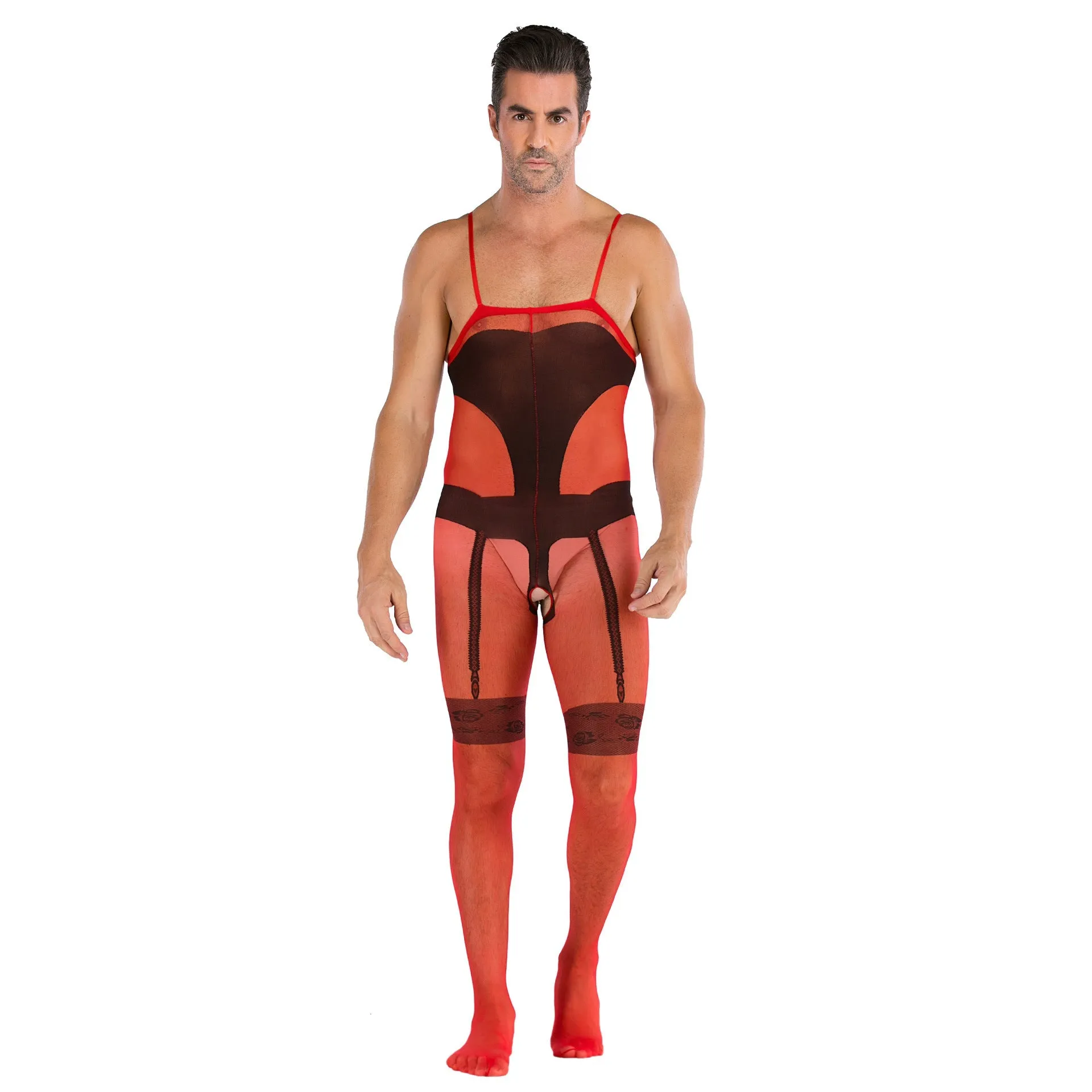 Men's One-piece Sleeveless Open File Full-body Net Clothes and Silk Stockings