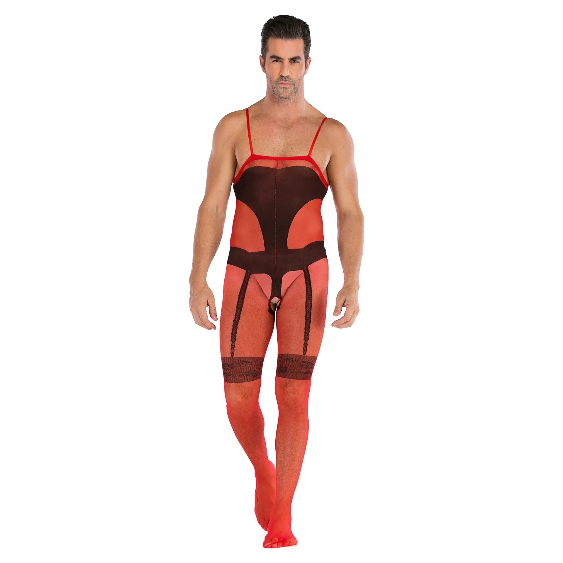 Men's One-piece Sleeveless Open File Full-body Net Clothes and Silk Stockings