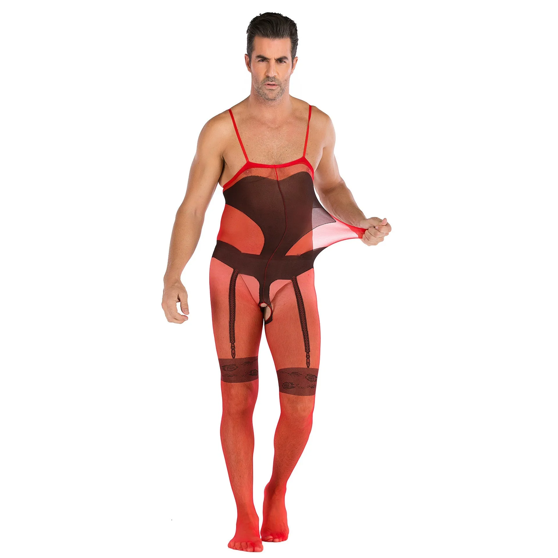 Men's One-piece Sleeveless Open File Full-body Net Clothes and Silk Stockings