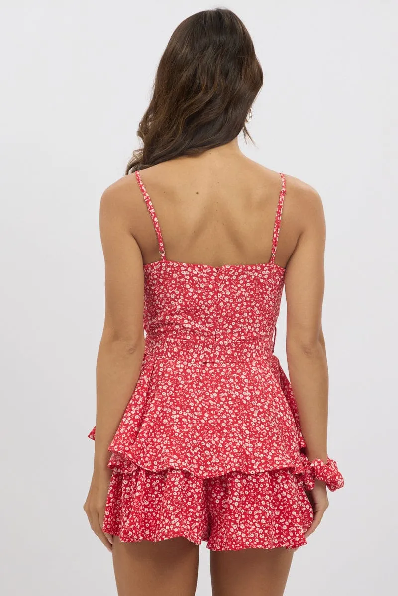 Red Ditsy Fit And Flare Playsuit Square Neck