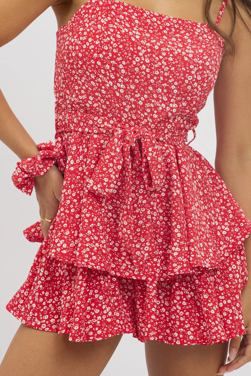 Red Ditsy Fit And Flare Playsuit Square Neck