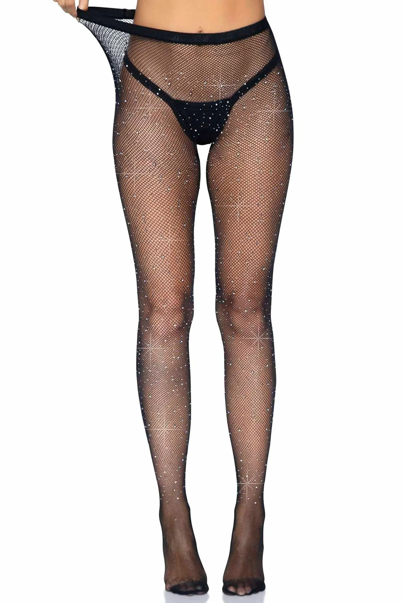 Rhinestone Fishnet Crotchless Open Back Pantyhose