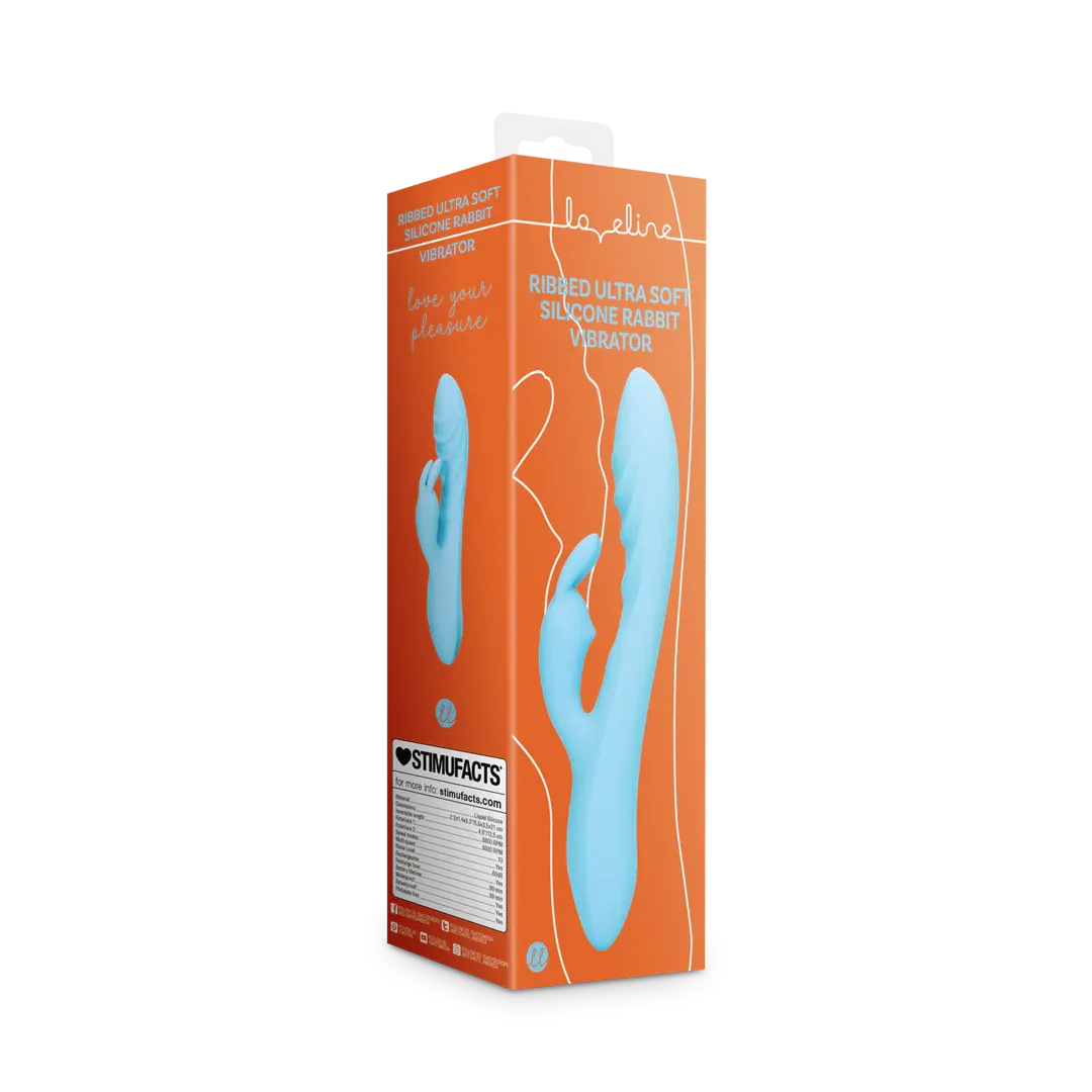 Vibrator rabbit LOVELINE Ribbed Ultra Soft Silicone Rabbit Vibrator. pentru clitoris și punctul G. 10 funcții de vibrație. albastru