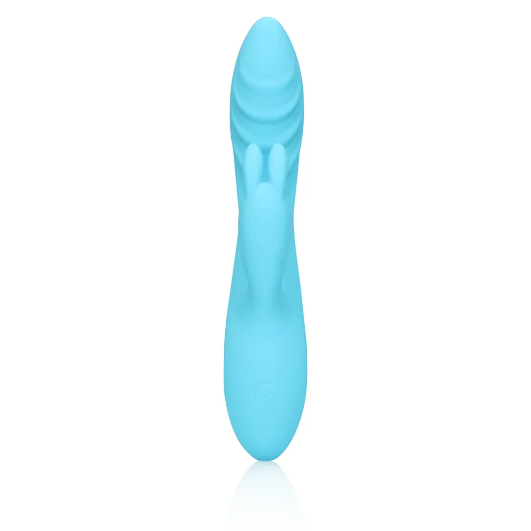 Vibrator rabbit LOVELINE Ribbed Ultra Soft Silicone Rabbit Vibrator. pentru clitoris și punctul G. 10 funcții de vibrație. albastru