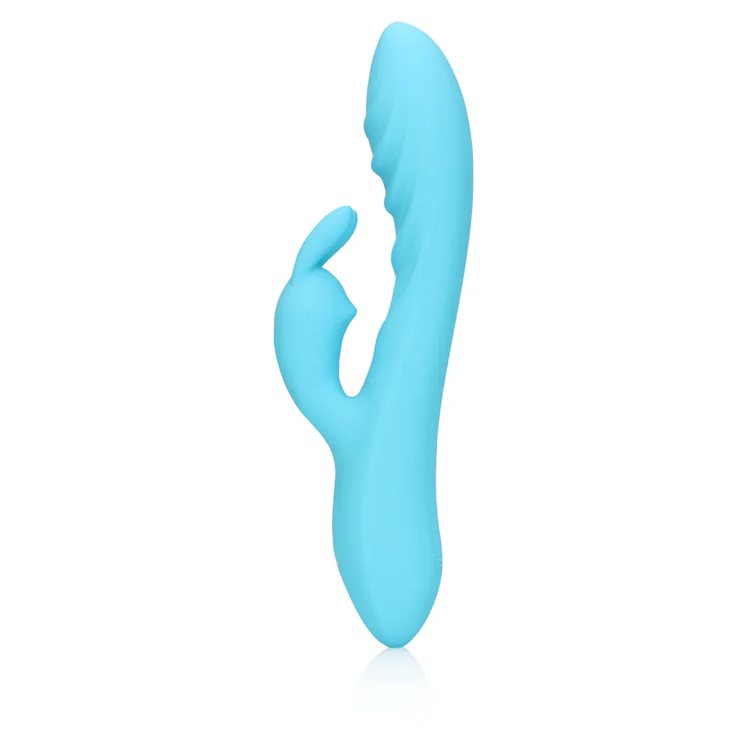 Vibrator rabbit LOVELINE Ribbed Ultra Soft Silicone Rabbit Vibrator. pentru clitoris și punctul G. 10 funcții de vibrație. albastru