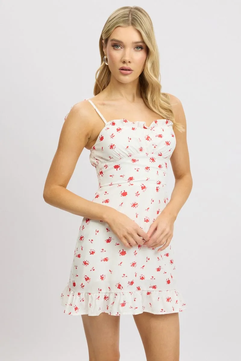 White Floral Mini Dress Frill Neck