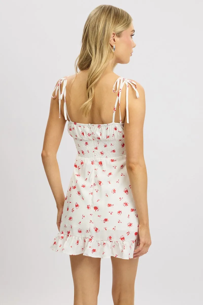 White Floral Mini Dress Frill Neck