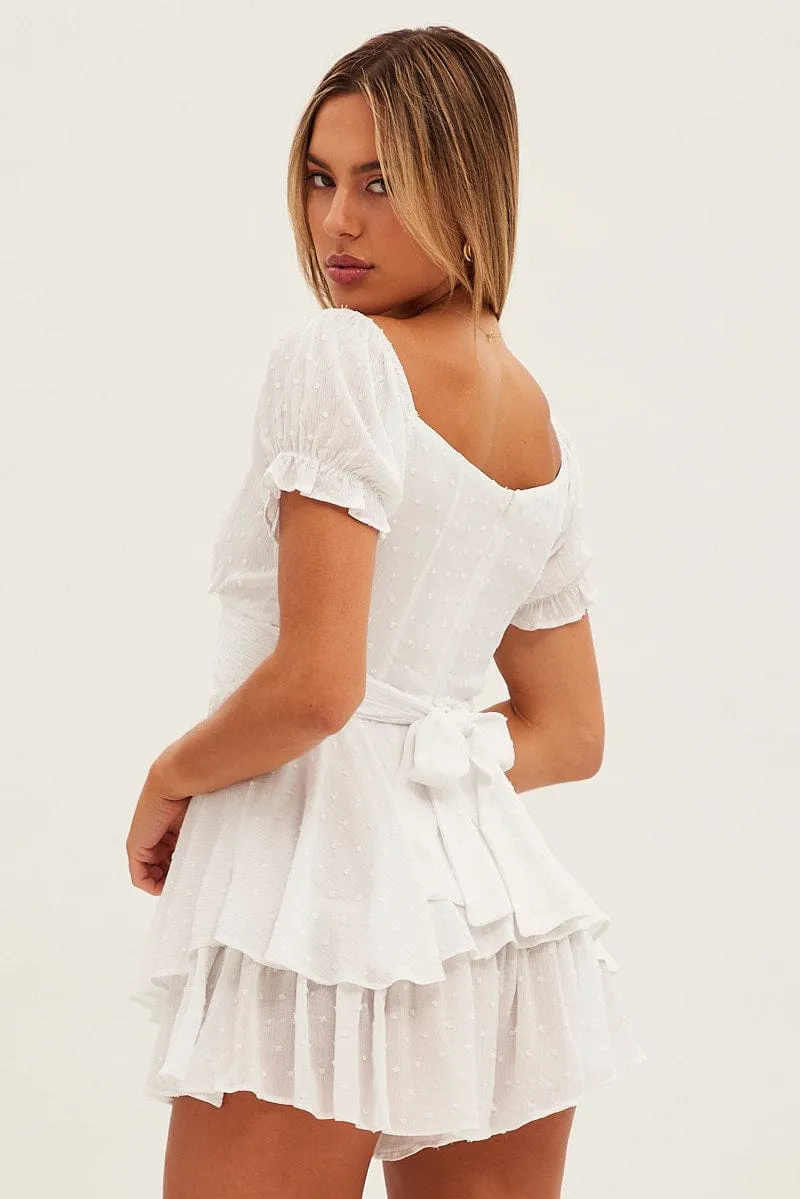 White Ruffle Playsuit Short Sleeve Tie Back