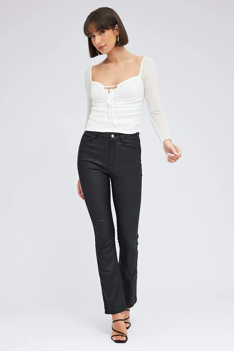 White Top Long Sleeve Sweetheart Keyhole Ruched Mesh