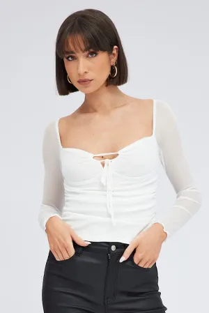 White Top Long Sleeve Sweetheart Keyhole Ruched Mesh